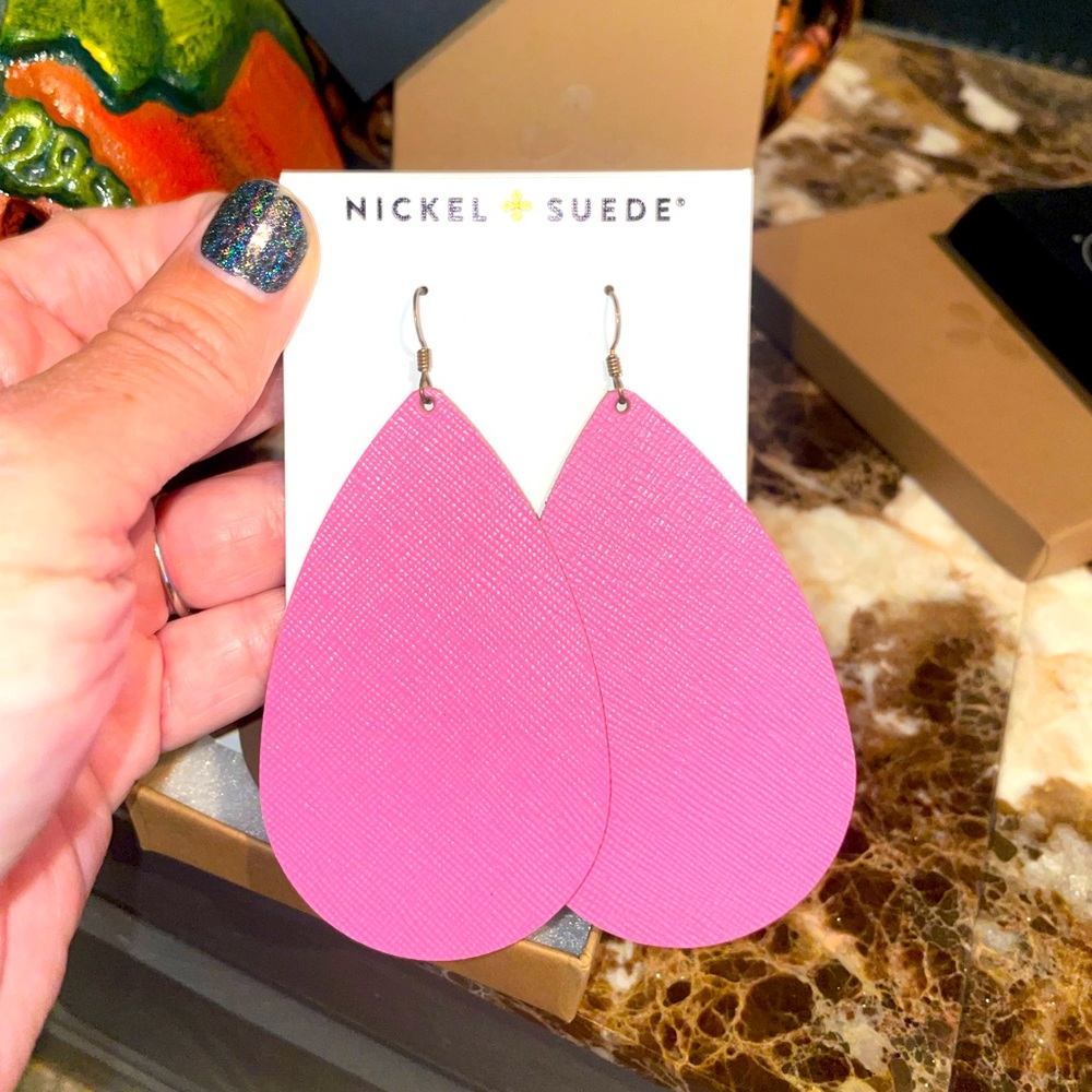 Large Taffeta Pink Nickel + Suede Earrings